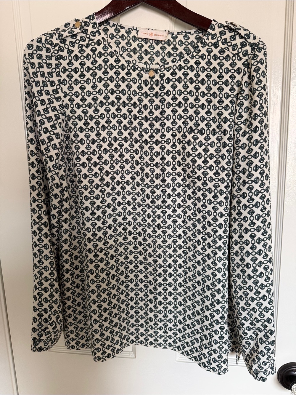 Tory Burch Cream and Forest Green Geometric Long Sleeve Tee